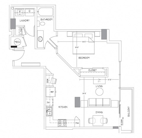 Floor plan for 1 bed, 1 bath, 828 sqft